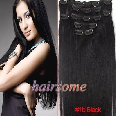   Hair~15 Clip In Straight Real Human Hair Extensions #1b Black 70g HSM