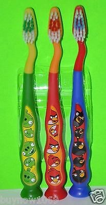 ANGRY BIRDS TOOTHBRUSH 3 PC PACK SET W/SUCTION CUP STAND RED BLACK 