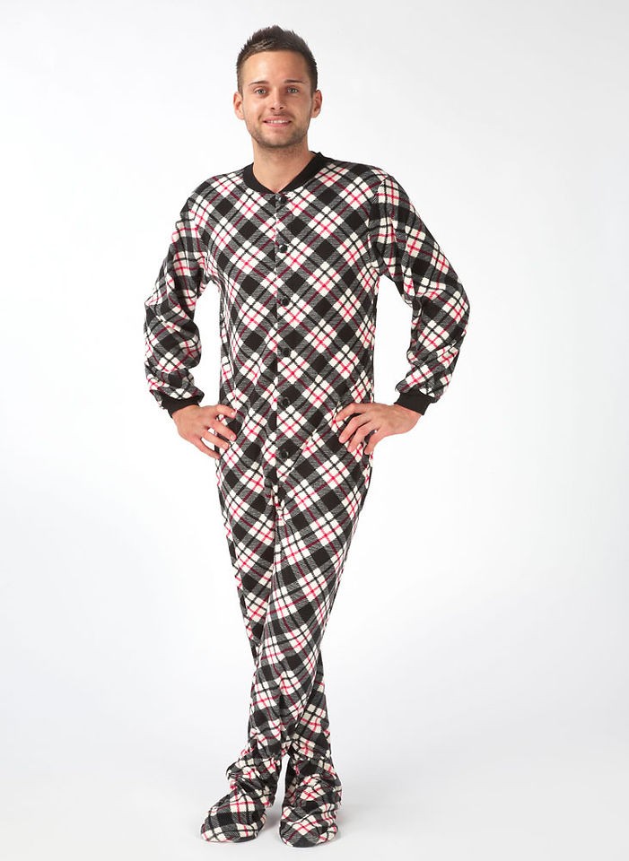 Mens Black Tartan Snuggaroo Onesie PJs Footed Pyjamas All In One 