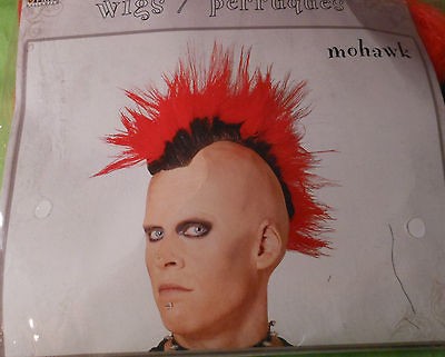 Mohawk Bright Neon Red Wig Party Costume Punk Rock Rocker Fun Dress Up 