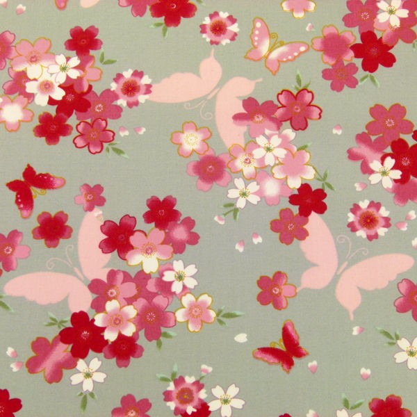 FQ   BUTTERFLY & PINK SAKURA FLOWER on GREY 100% COTTON FABRIC DRESS 