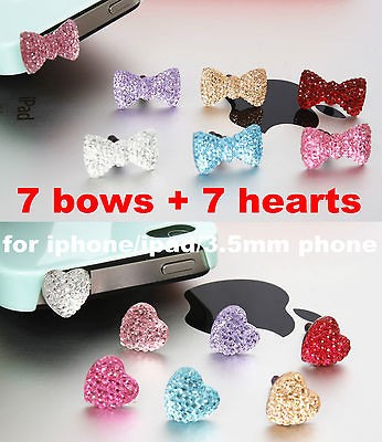 14pc Bling Bow Heart Anti Dust Proof Ear Cap Plug Cover For i Phone 