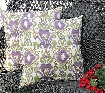 SET OF 2 PURPLE PLUM, GREEN AND BROWN IKAT IN/OUTDOOR DECORATIVE 