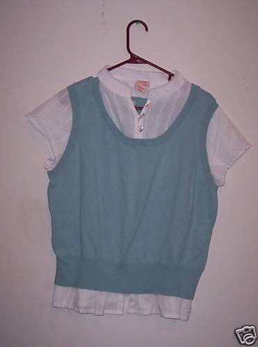 Faded Glory L 12 14 blue vest w/ white frilly blouse