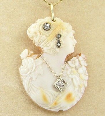 ANTIQUE RARE 14 KT GOLD CUT OUT CARVED en HABILLE DIAMONDS CAMEO 