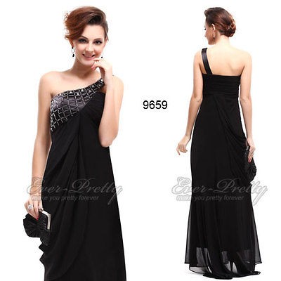 Chiffon Ruffles Rhinestones One Shoulder Black Evening Dress 09659 US 