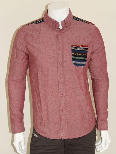   Van Patten Aztec Trim Chambray Denim Shirt   Burgundy   S XXL