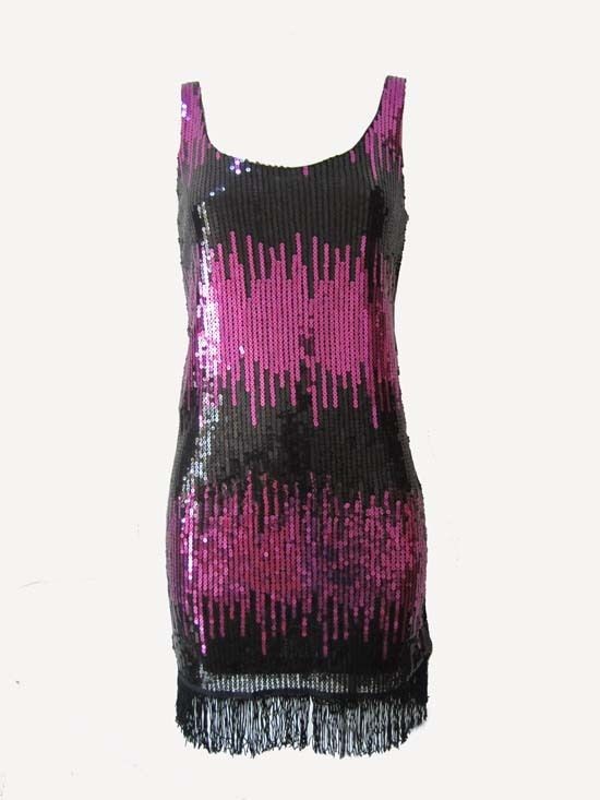 Sparkly Purple Black Sequins Fringe Hem Cocktail Evening Dress Sz S M