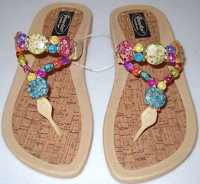 GRANDCO DRESSY Beach Pool SLIDE BLING Beige Beaded Jeweled Sandals 