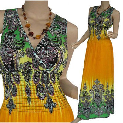 Boho Hippie Wedding yellow Extra Long Maxi Dress Size L US10 12 N002 
