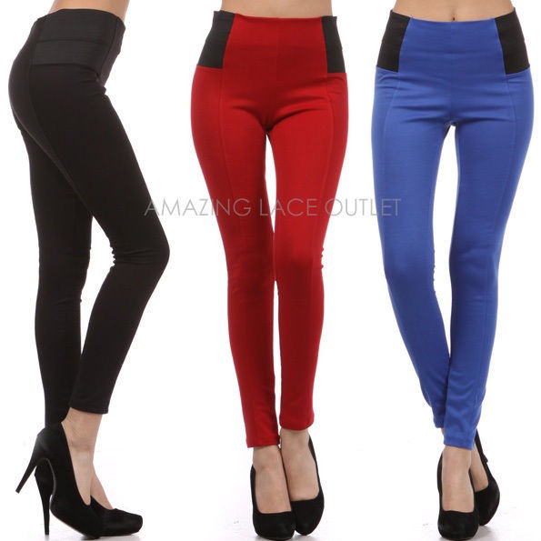 HIGH WAIST PONTI Knit Side Panel Pants Skinny Stretch Leggings Trendy 