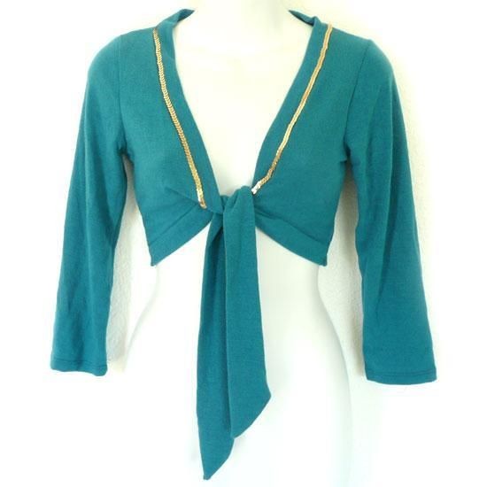   Gold Sequin Detailing Front Tie 3/4 Sleeve Knit Shrug Turquoise