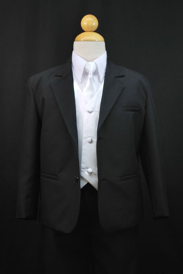 NEW Boy Formal Party Black 7pc Tuxedo Suit White Vest+Tie S M L XL 2T 