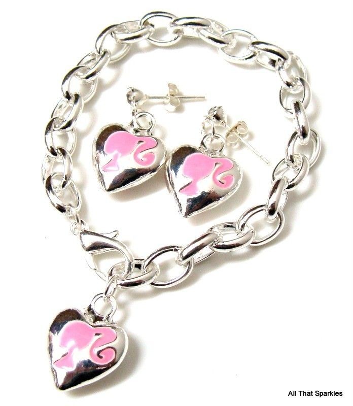   Girl Heart Kids Child Belcher Clip On Charm Bracelet and Earrings