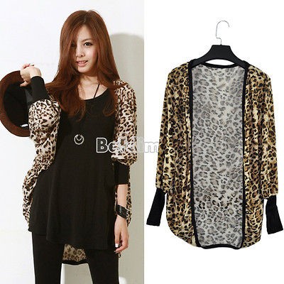   Batwing Dolman Sleeves Loose Long Leopard Coat Cardigan Outerwear BE0D