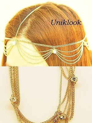   JET SET Gold Dangling Chain Clear Crystal HEADWRAP Statement Jewelry