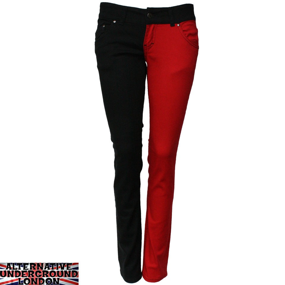 SKINNY STRETCH JEANS BLACK AND RED SPLIT LEG PANTS PUNK GLAM DISCO 