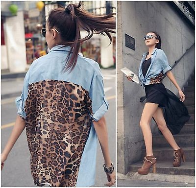   Womens Retro Leopard Denim Spliced Pocket Vintage Casual Tops Shirts