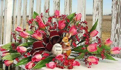 Spring Pink Tulips Easter Bunny Centerpiece Cheerful Colorful Dining 