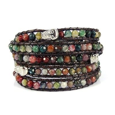 Punk Trio Skull Seven Color Jade Stones Five Wrap Bracelet