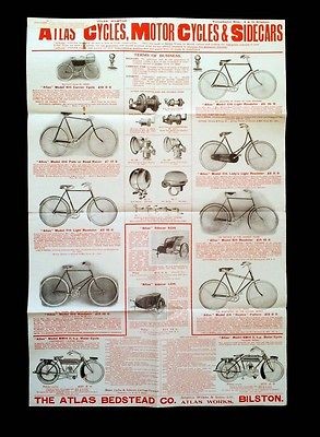 Original 1915 bicycle motorcycle poster Atlas Rudge BSA Raleigh Indian 