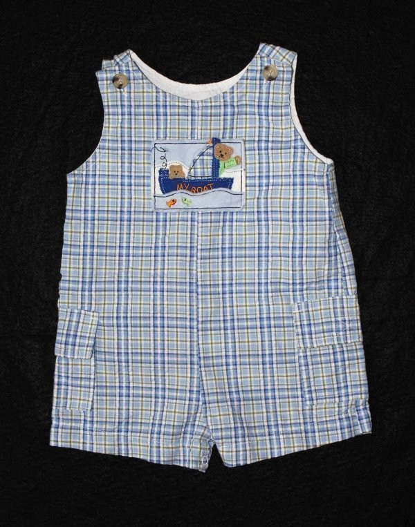 PETES PARTNER blue plaid one piece teddy sail boat Jon Jon romper 6 9 