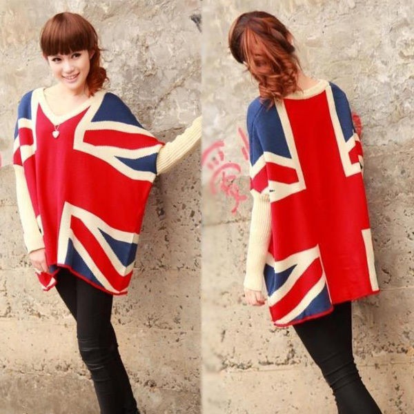 Women Oversized Loose Union Jack UK Flag Design Sweater Jumper Coat 