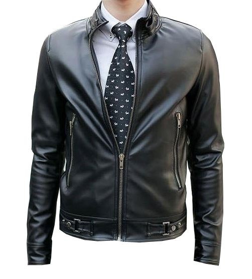 Mens Leather Fashion Straight Zipper Jacket New Size LARGE