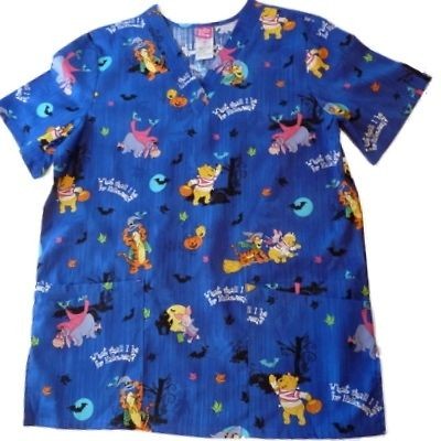   Blue Pooh Bear Tigger Nurse Smock Medical Scrubs Top Holiday Halloween