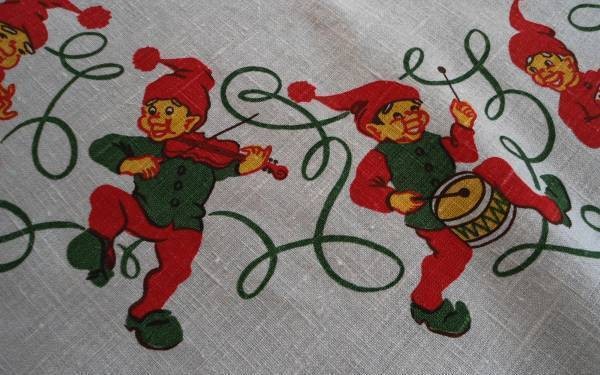 Vintage Printed Linen Christmas Tablecloth Red Musical Elves Hearts 