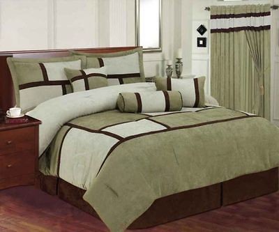   SIZE CHOCOLATE BROWN SAGE CREAM GEOMETRIC MODERN SUEDE COMFORTER SET