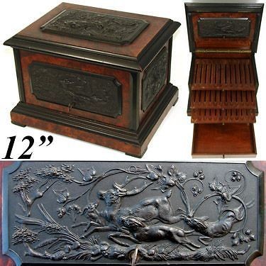 Antique Victorian 12 Cigar Tantalus Chest, Humidor Burled w/ Hunt 