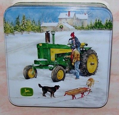John Deere Tractor Christmas Winter Scene Cake Tin Farmhouse Dogs Sled