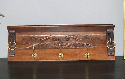 ANTIQUE DUTCH CARVED OAK WALL SHELF COAT RACK MECHELSE STYLE 