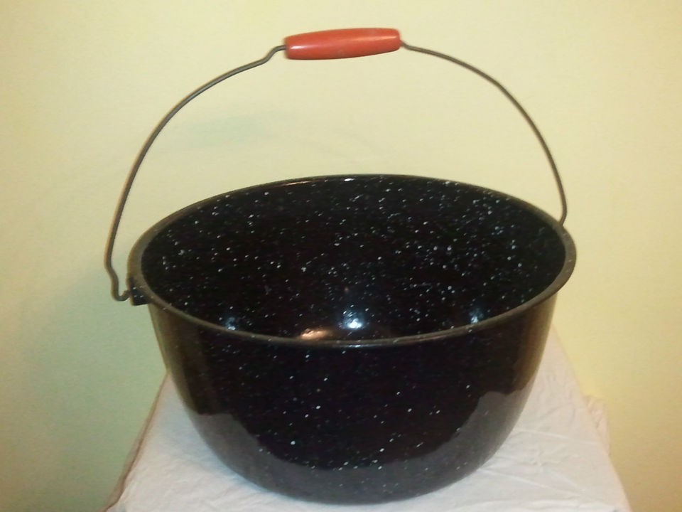   /Vintage Black Granite/Enamelware LARGE pail Pot Kettle wood handle