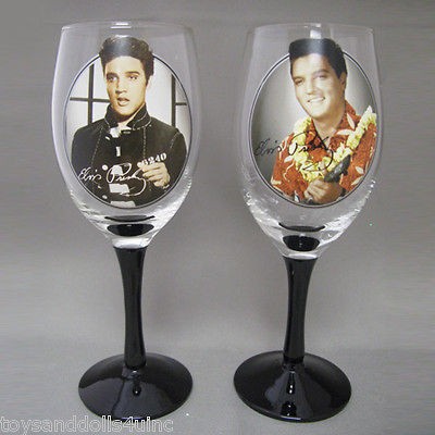 ELVIS PRESLEY Wine Glass x2 Black Stem Glasses TAKING CARE OF BUSINESS