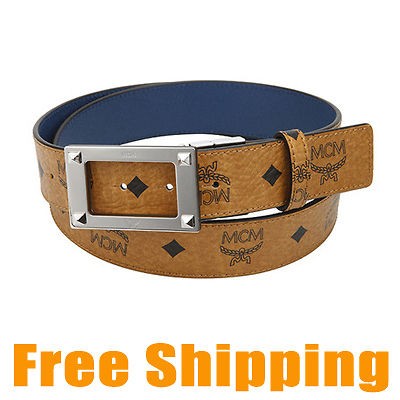 MCM Belt Visetos Cognac/Blue Leather Mens Belt Square Buckle 