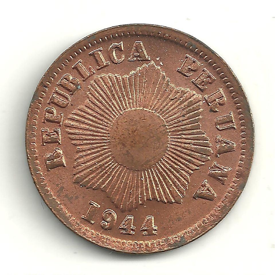   DETAILED HIGH GRADE RED BU 1944 PERU 1 CENTAVOS COIN WORLD WAR 2 ERA