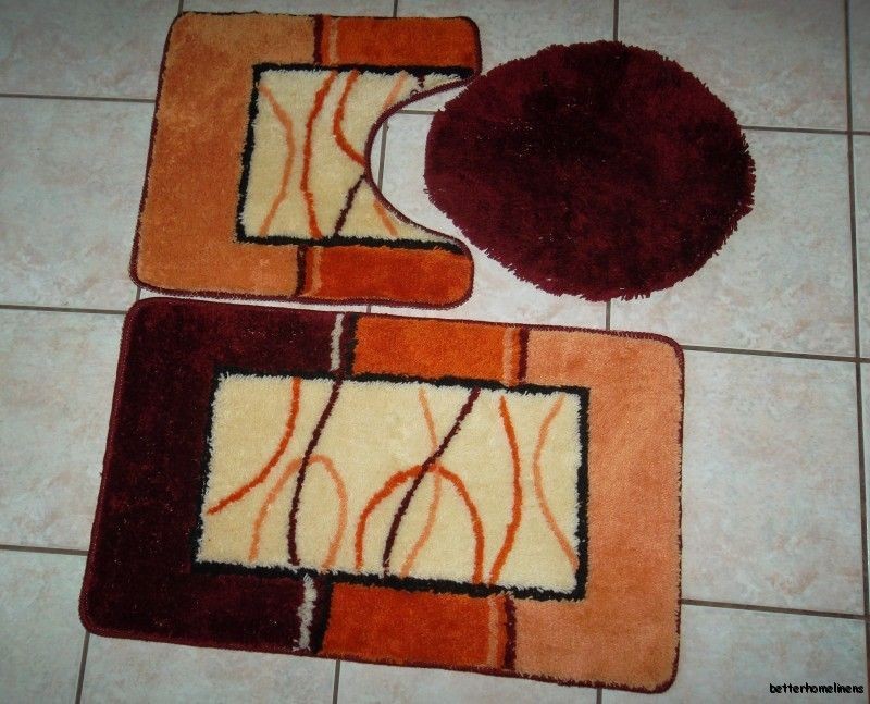 3Pc Burgundy Modern Design Bathroom Rug Set Bath Mat/U Shaped Mat/Lid 