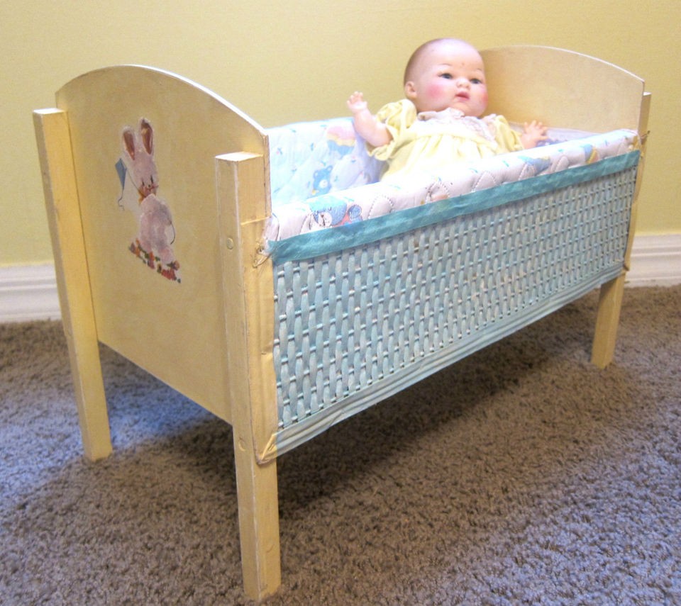 Vintage Doll Cradle Bed Crib  Meyercord Fuzzy Decals Blue Yellow 