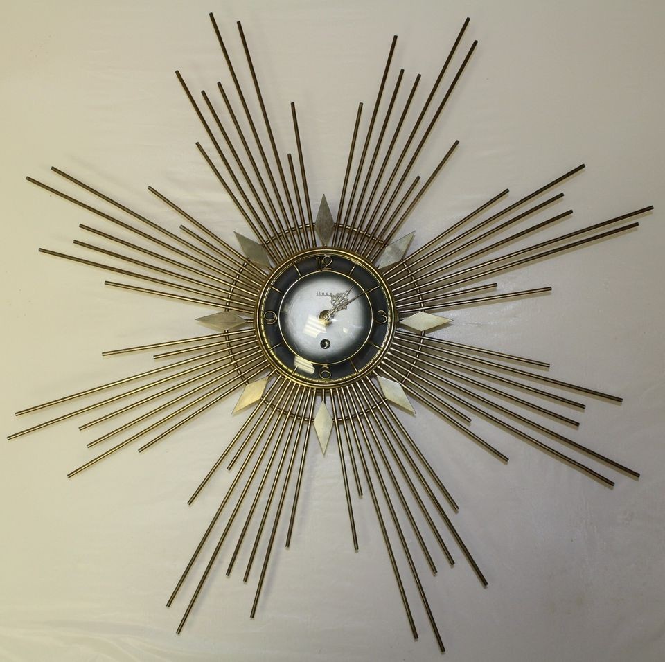 Beautiful 1960s Heco Wall Clock Large Brass Spray 24.5 Wind up Works