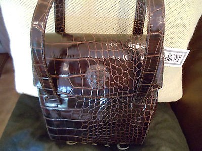 AUTHENTIC GIANNI VERSACE BROWN LEATHER CROCODILE PRINT HANDBAG