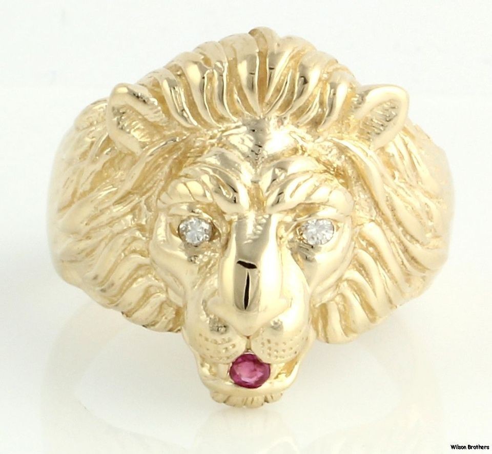 Genuine Diamond & Ruby LION Mens Ring   14k Yellow Gold Band King of 