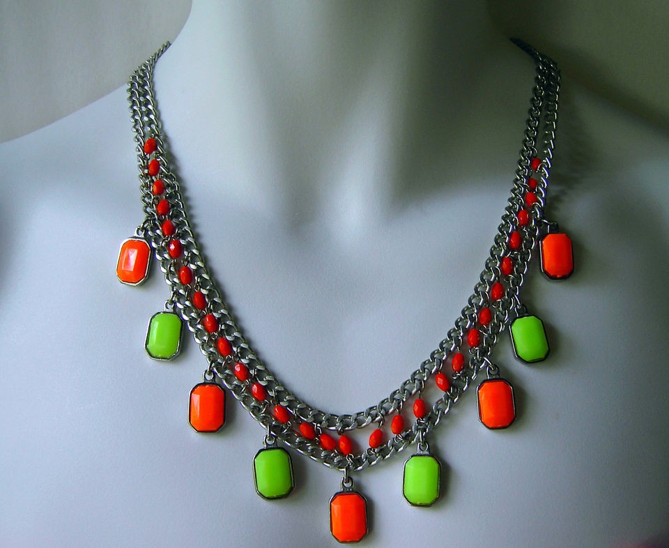 Zara Neon Green Lime Orange Silver Chain Necklace New