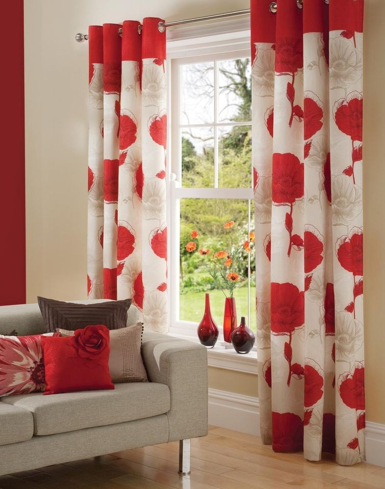 Poppy Cream Red Ready Made Ring Top Eyelet Curtains Contemporary 