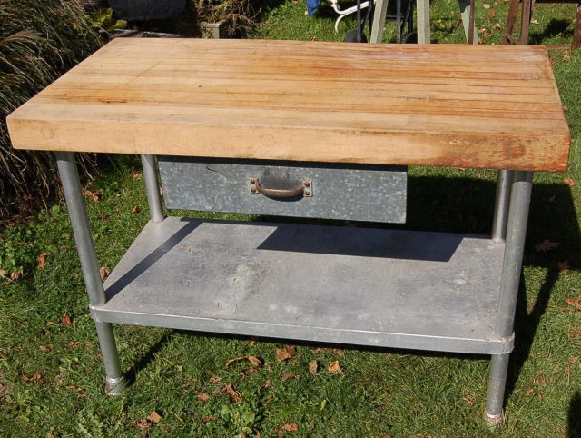 Vintage Industrial Steel Base Butcher Block Table Measures 4 Foot Long