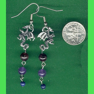 GOTHIC DRAGON, GARNET, AMETHYST & LAPIS Earrings Fantasy BEAUTIFUL 