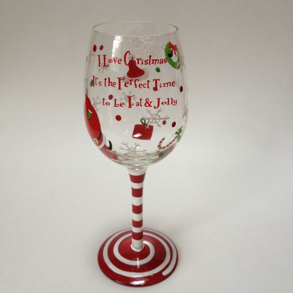   15 Oz I Love Christmas Hand Painted Wine Glass Fat & Jolly Santa Funny