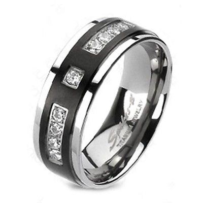 Titanium Mens Ring Black IP Center with CZ Engagement Wedding Band 