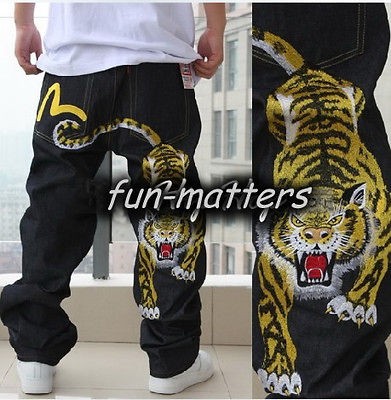 HipHop B BOY Street Dance Tiger Embroidery Pants Jeans Casual 